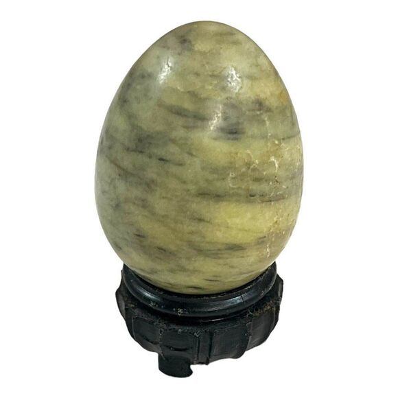 Vintage Alabaster Hand Carved Stone Egg Gray Green Black Marble With Stand 3" - Picture 1 of 7